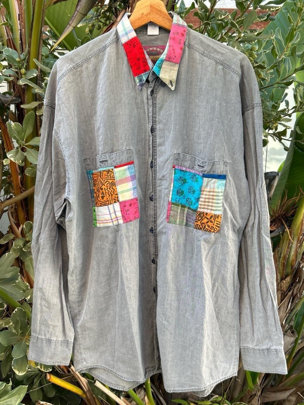 Vintage 1990s Haupt Patchwork Collar Gray Button Up Shirt West Germany XL
